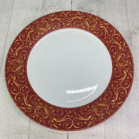 Chris Madden JC Penny MONTALIRA RED Gold Scroll Porcelain Dinner Plate Set 4 - Picture 2 of 16